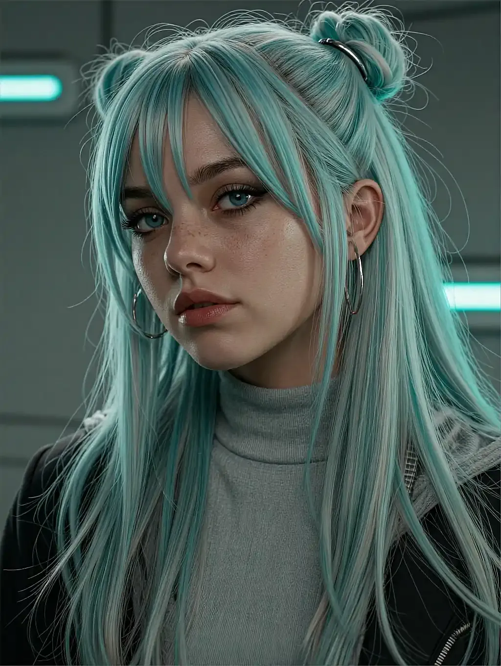 Fictional AI character photographed against a dark window at night